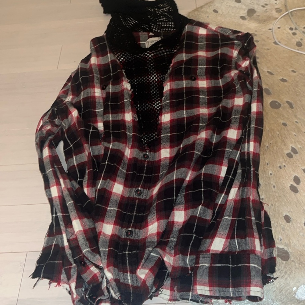 Mesh hooded flannel shirt size L